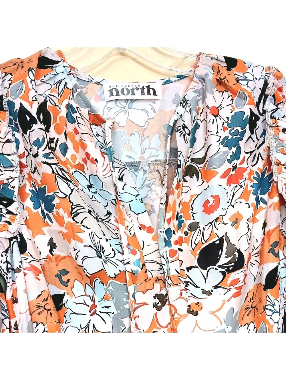 One Eleven North Boho Floral Print Top Blouse Women's Size S Tie Puff Sleeve